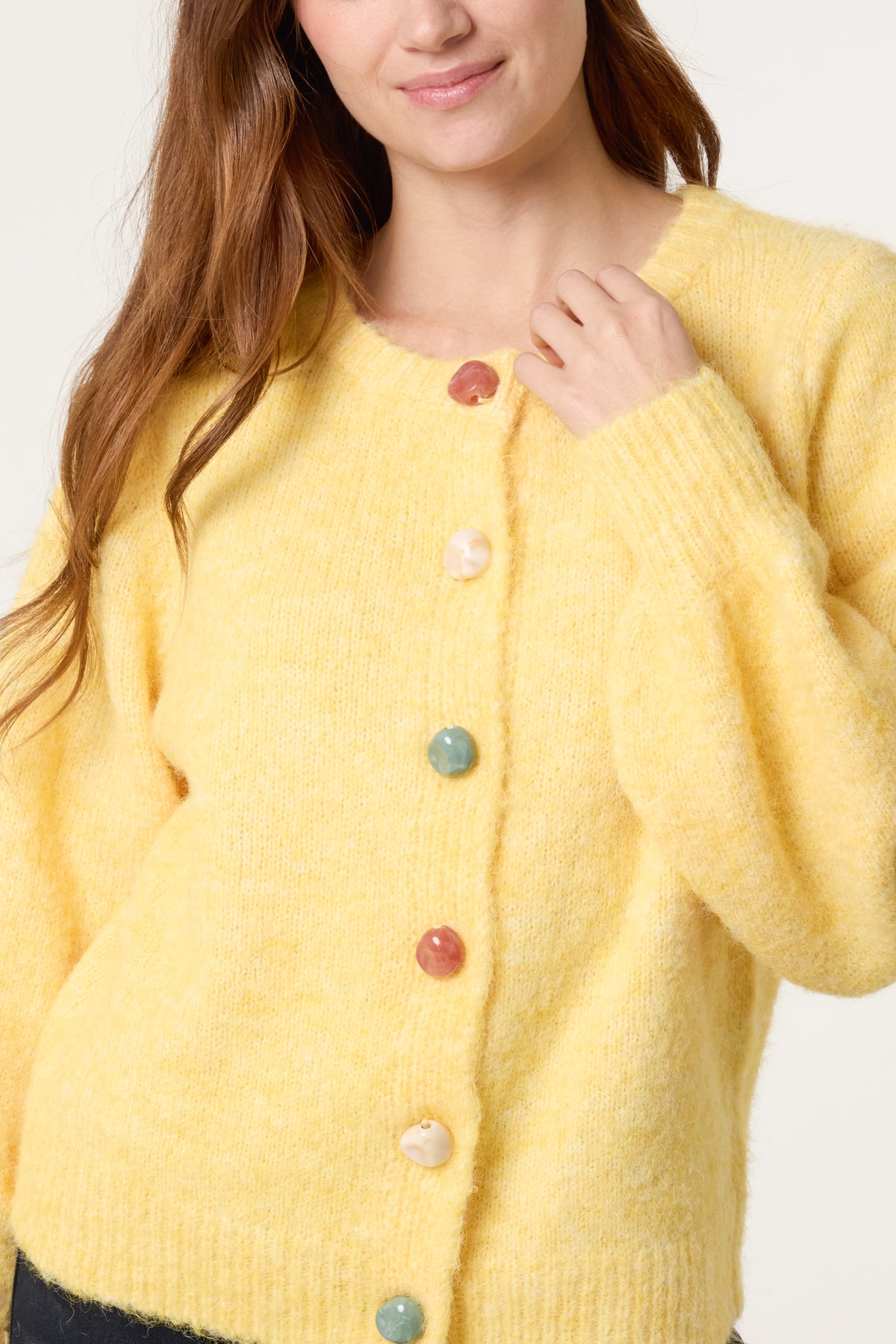 Marble Button Crewneck Knit Cardigan