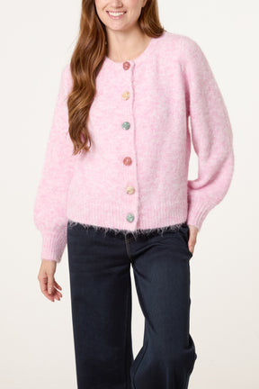 Marble Button Crewneck Knit Cardigan