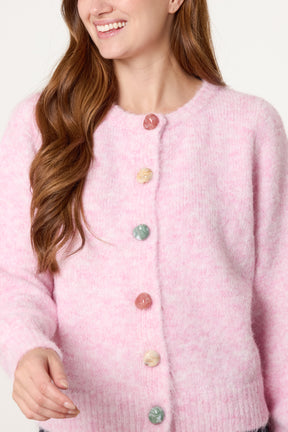 Marble Button Crewneck Knit Cardigan