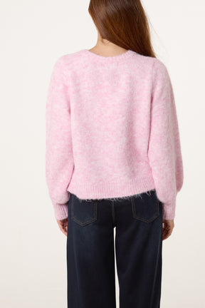 Marble Button Crewneck Knit Cardigan