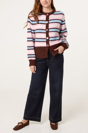 Marble Button Striped Knit Cardigan