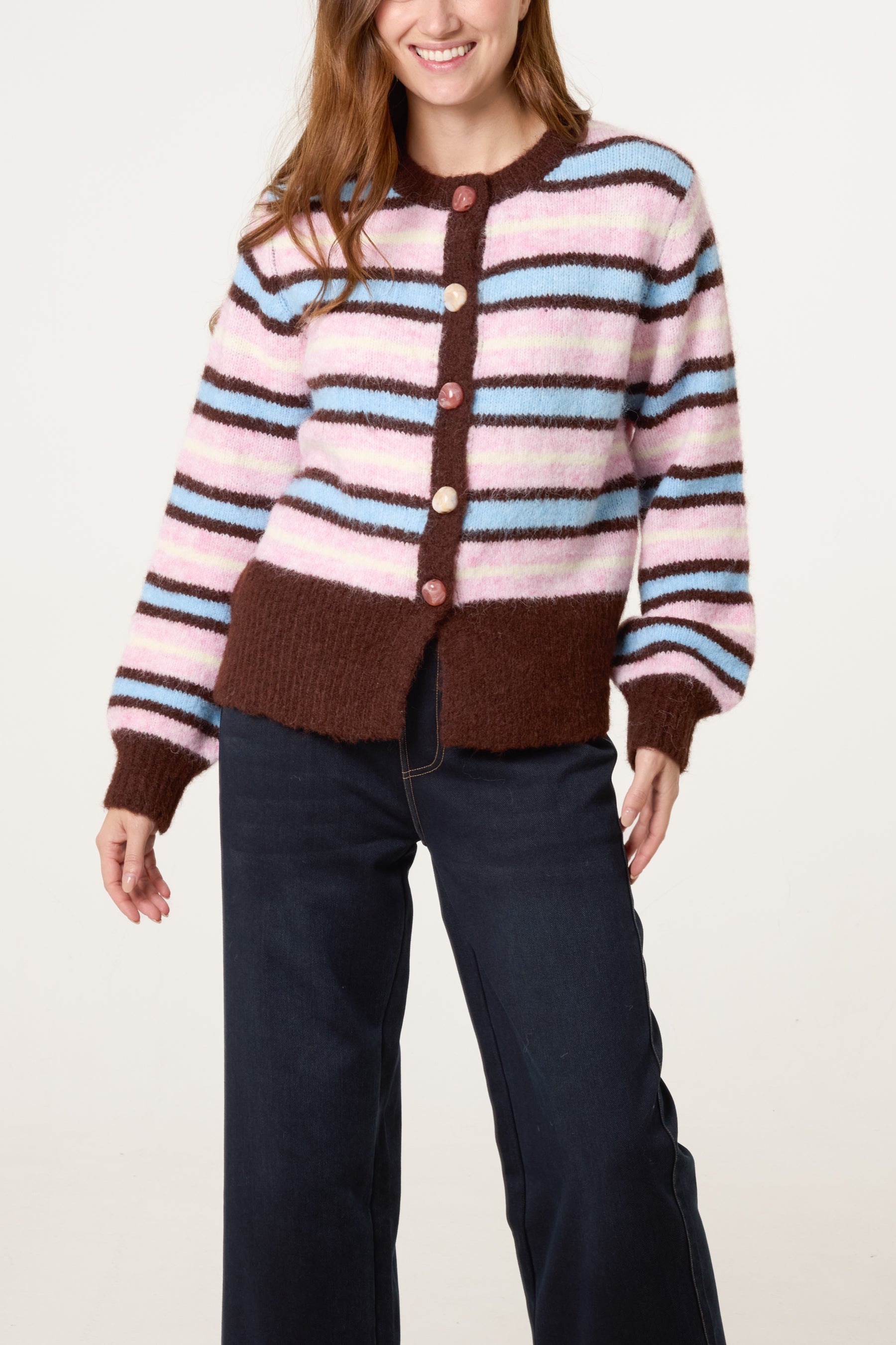 Marble Button Striped Knit Cardigan