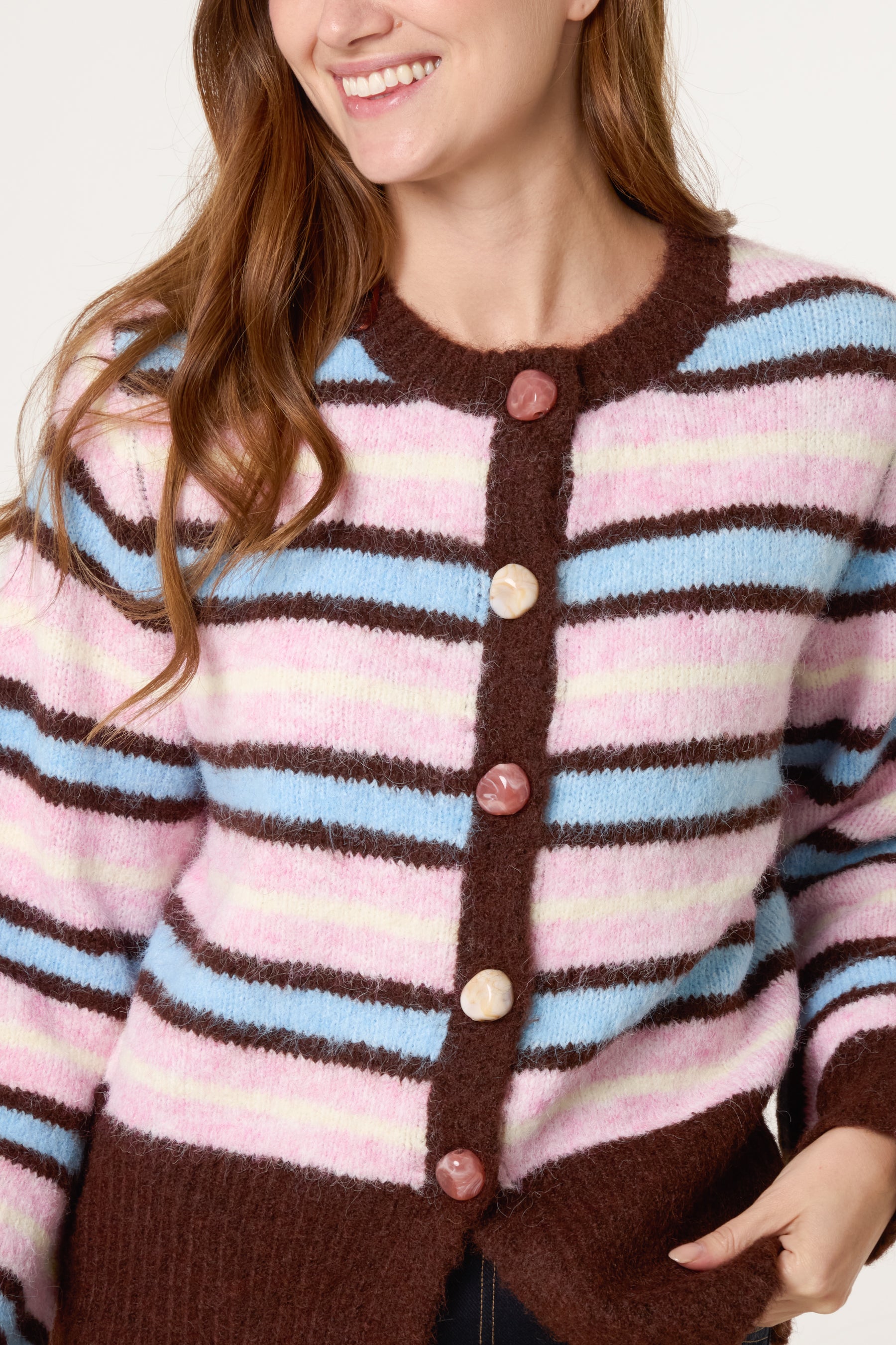 Marble Button Striped Knit Cardigan