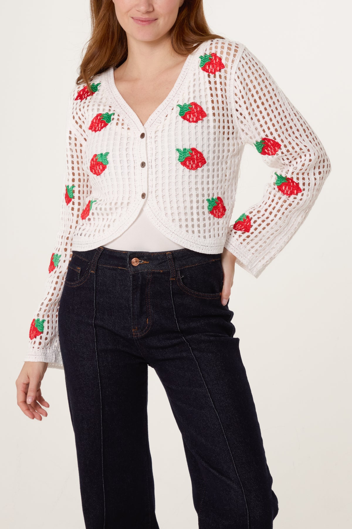 Strawberry Crochet V-Neck Cardigan