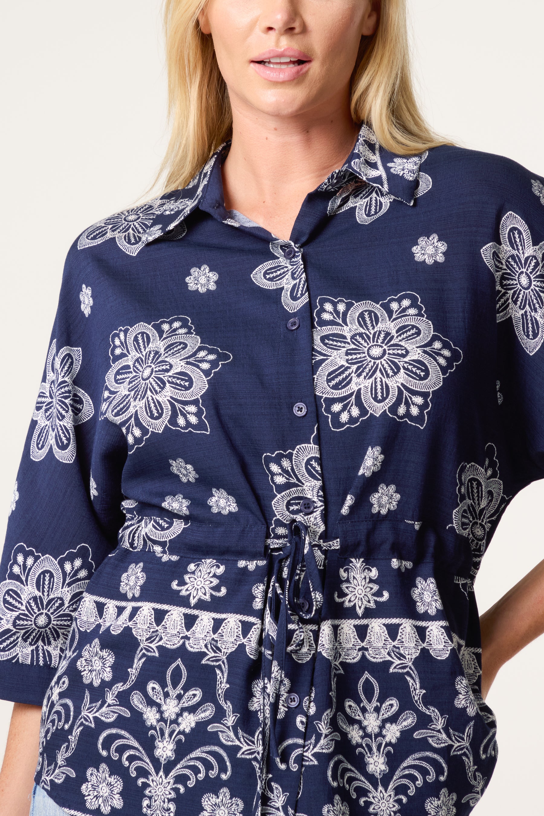Border Flower Print Cinch Tie Shirt