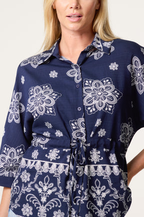 Border Flower Print Cinch Tie Shirt
