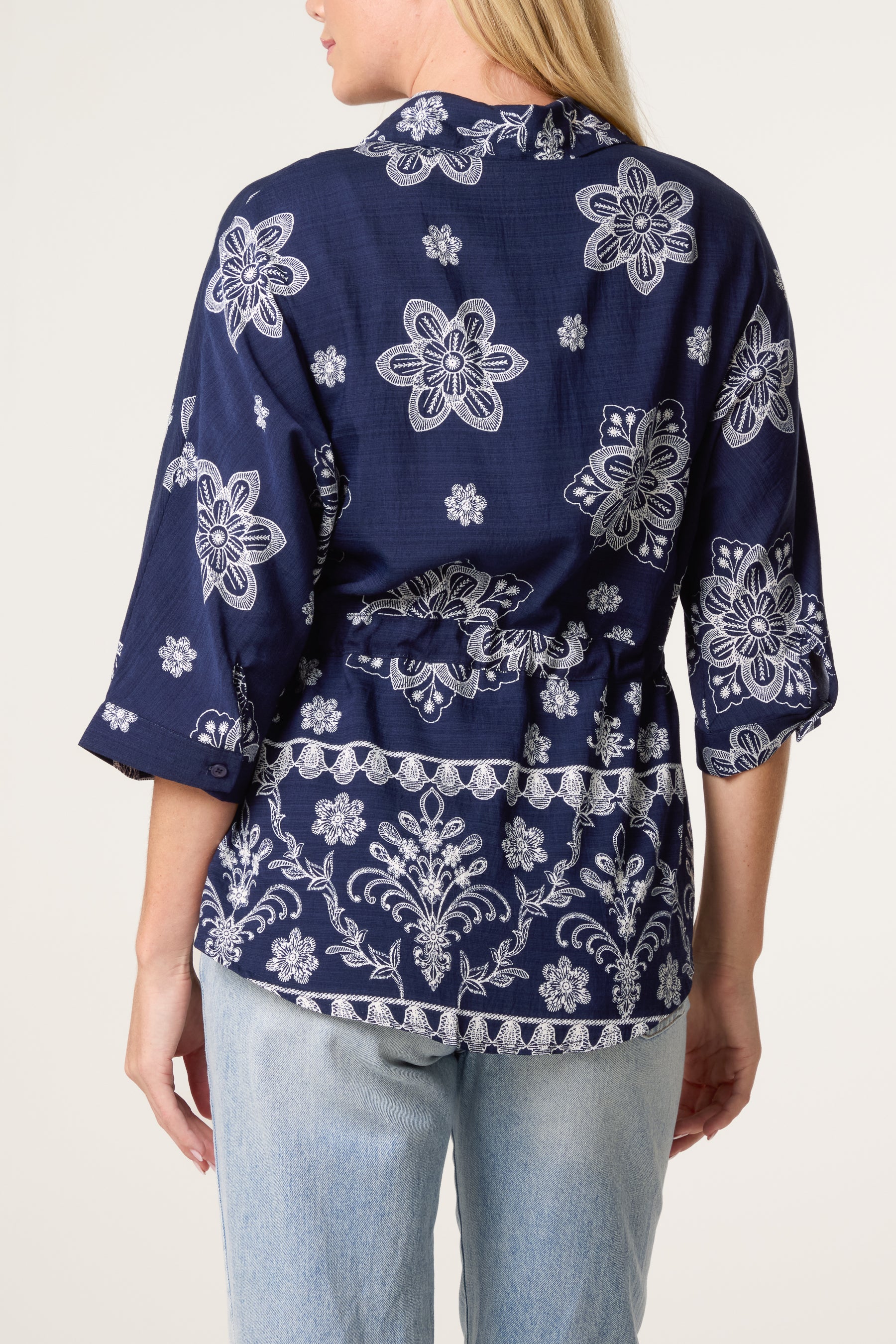 Border Flower Print Cinch Tie Shirt