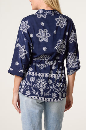 Border Flower Print Cinch Tie Shirt