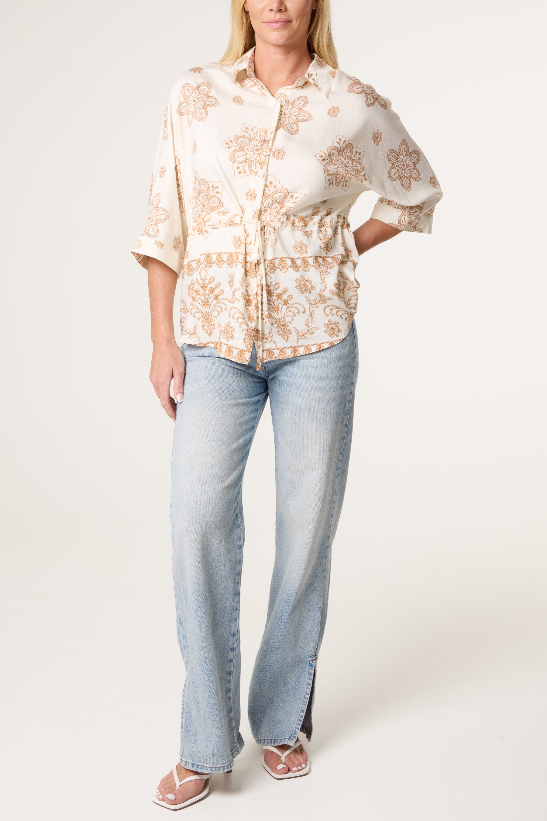 Border Flower Print Cinch Tie Shirt