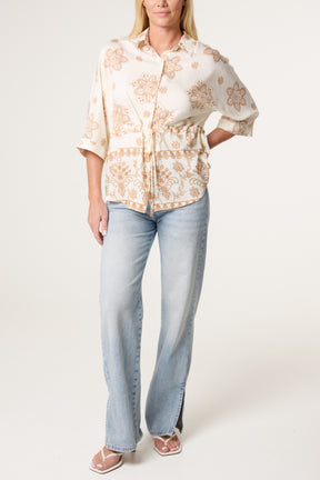 Border Flower Print Cinch Tie Shirt