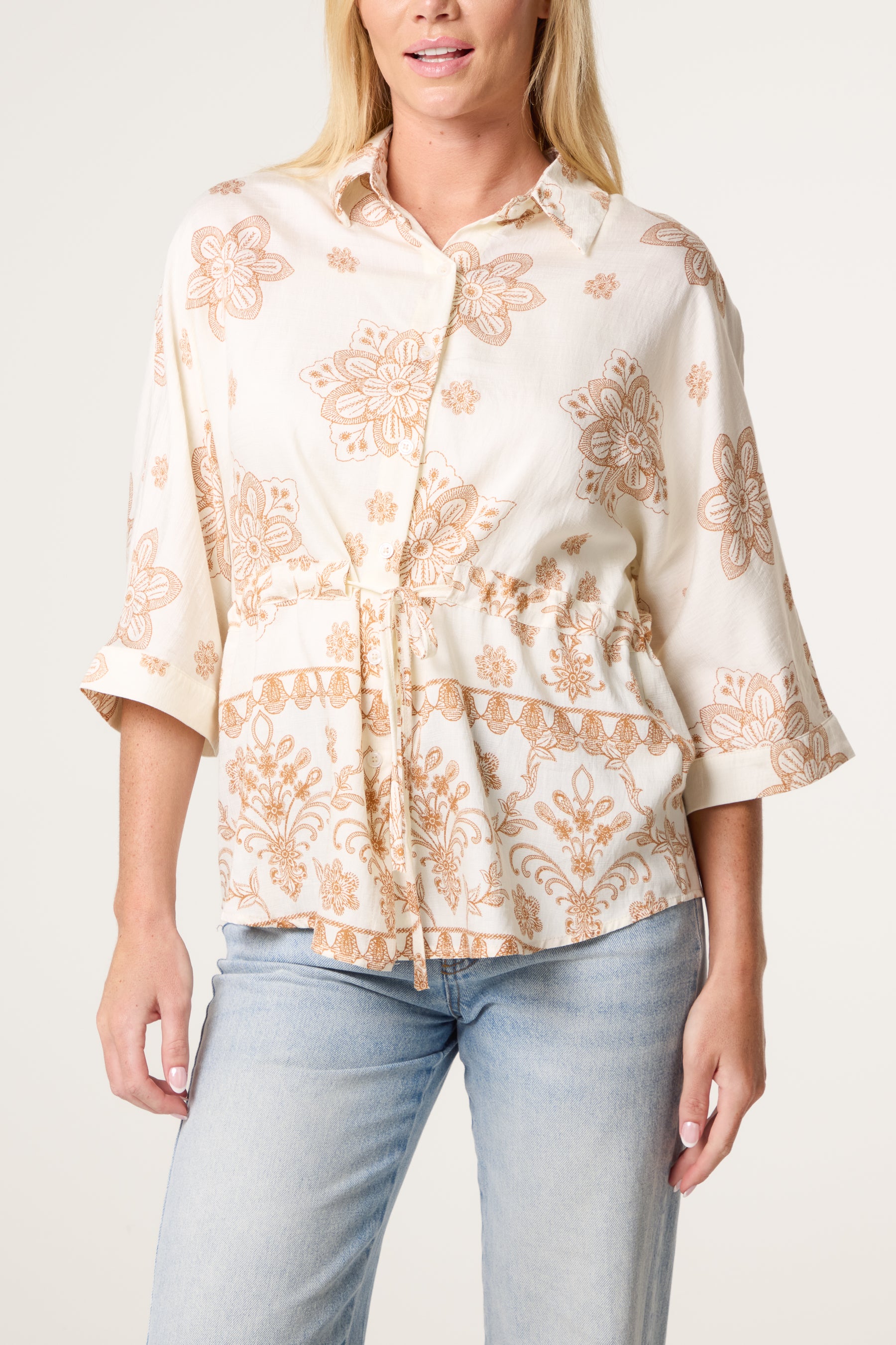 Border Flower Print Cinch Tie Shirt