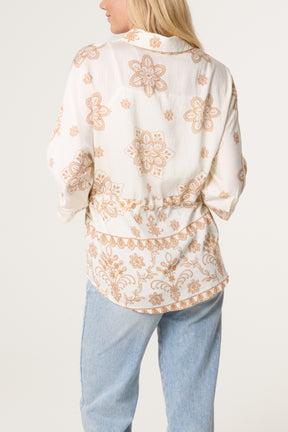 Border Flower Print Cinch Tie Shirt