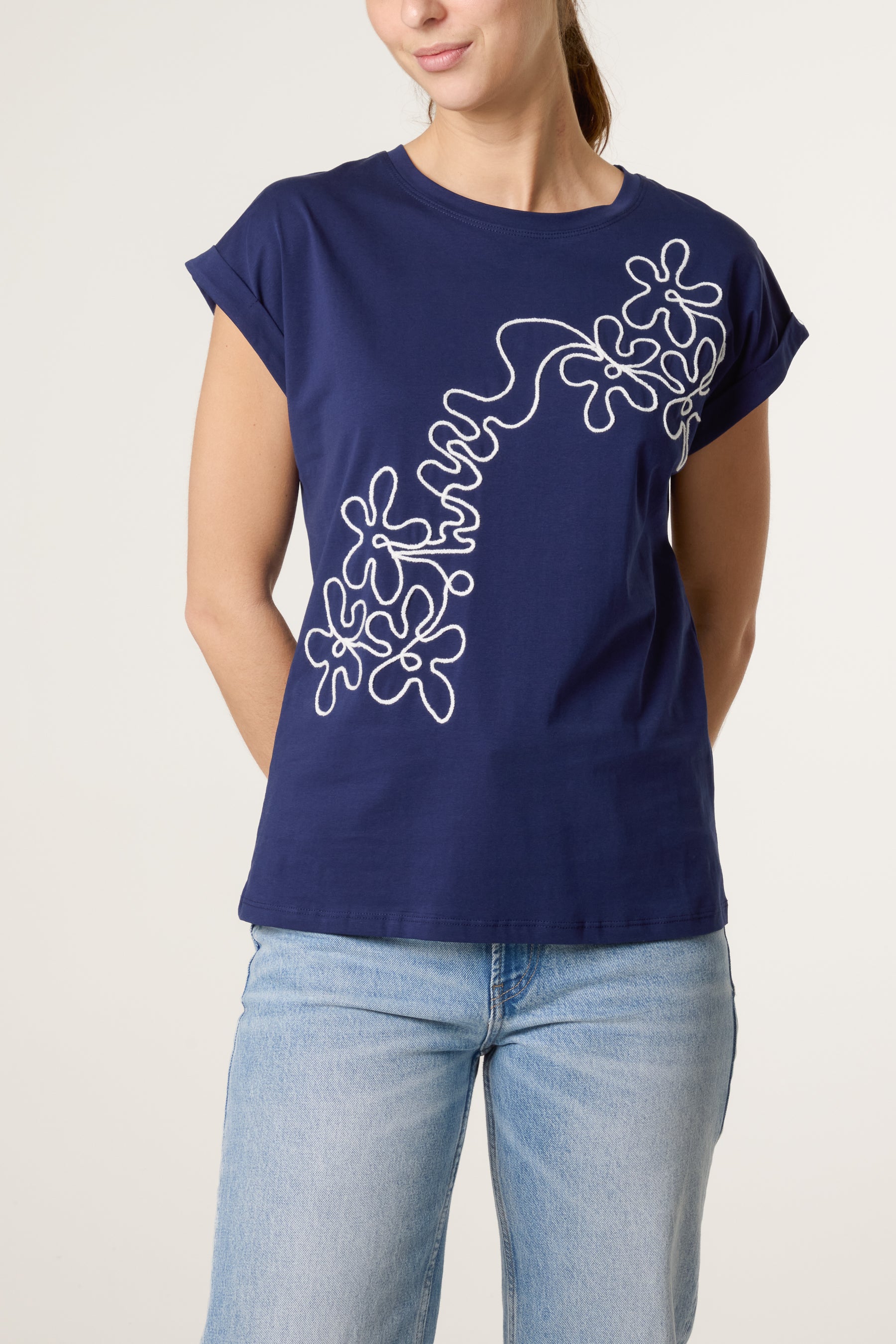 Swirl Flowers Embroidery T-Shirt