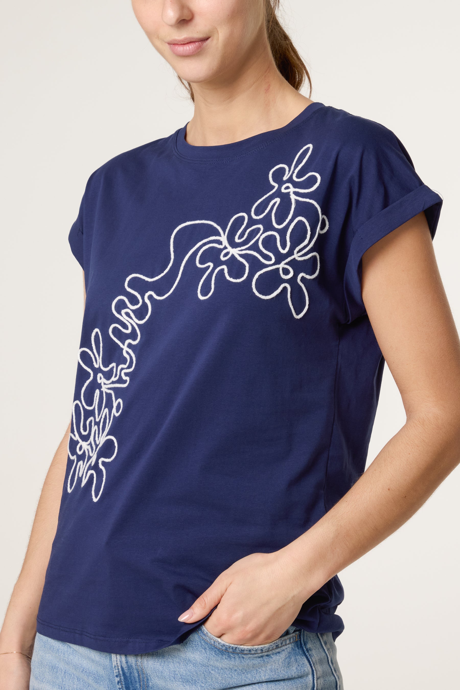 Swirl Flowers Embroidery T-Shirt