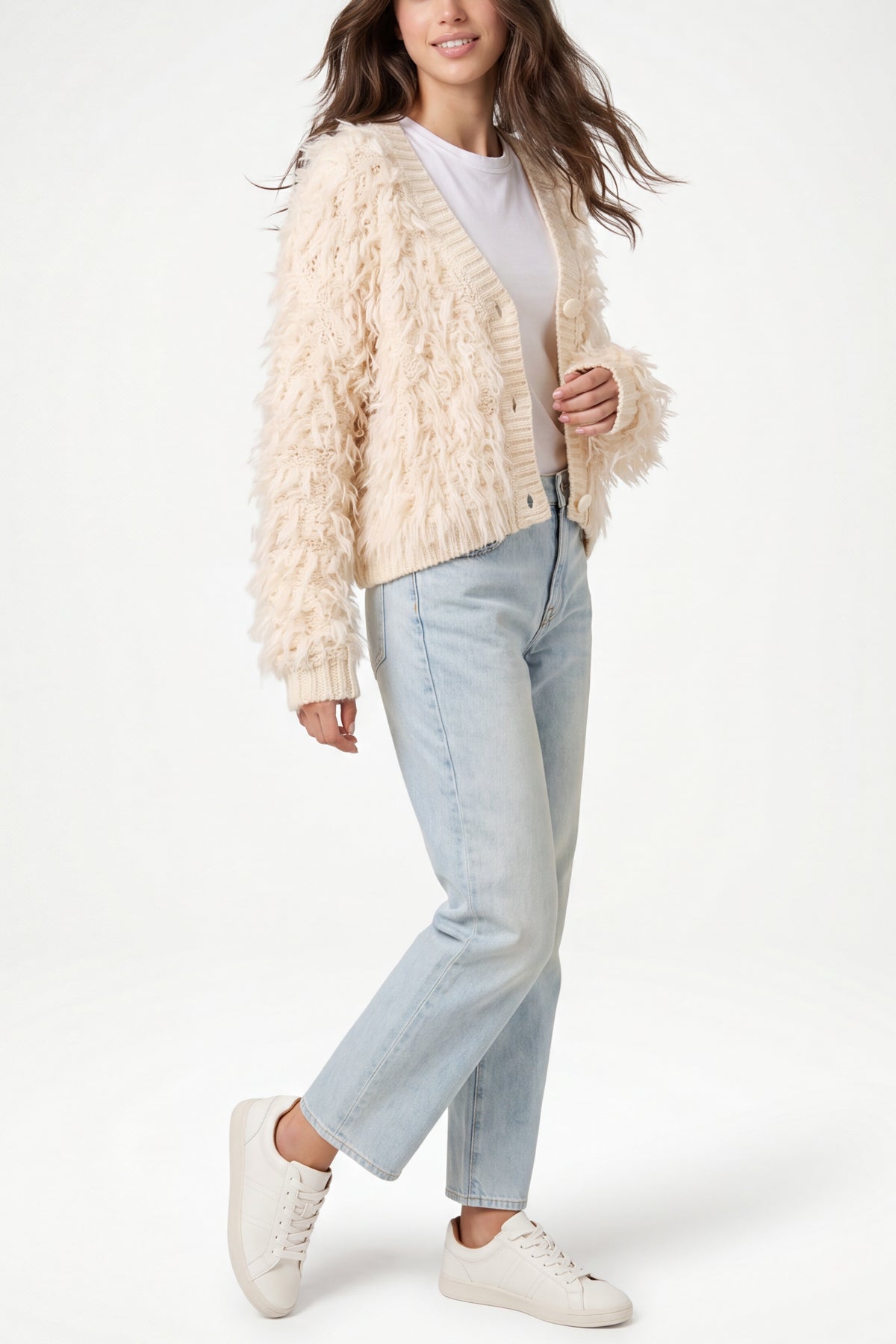 Fluffy Eyelash Button Through Cardigan