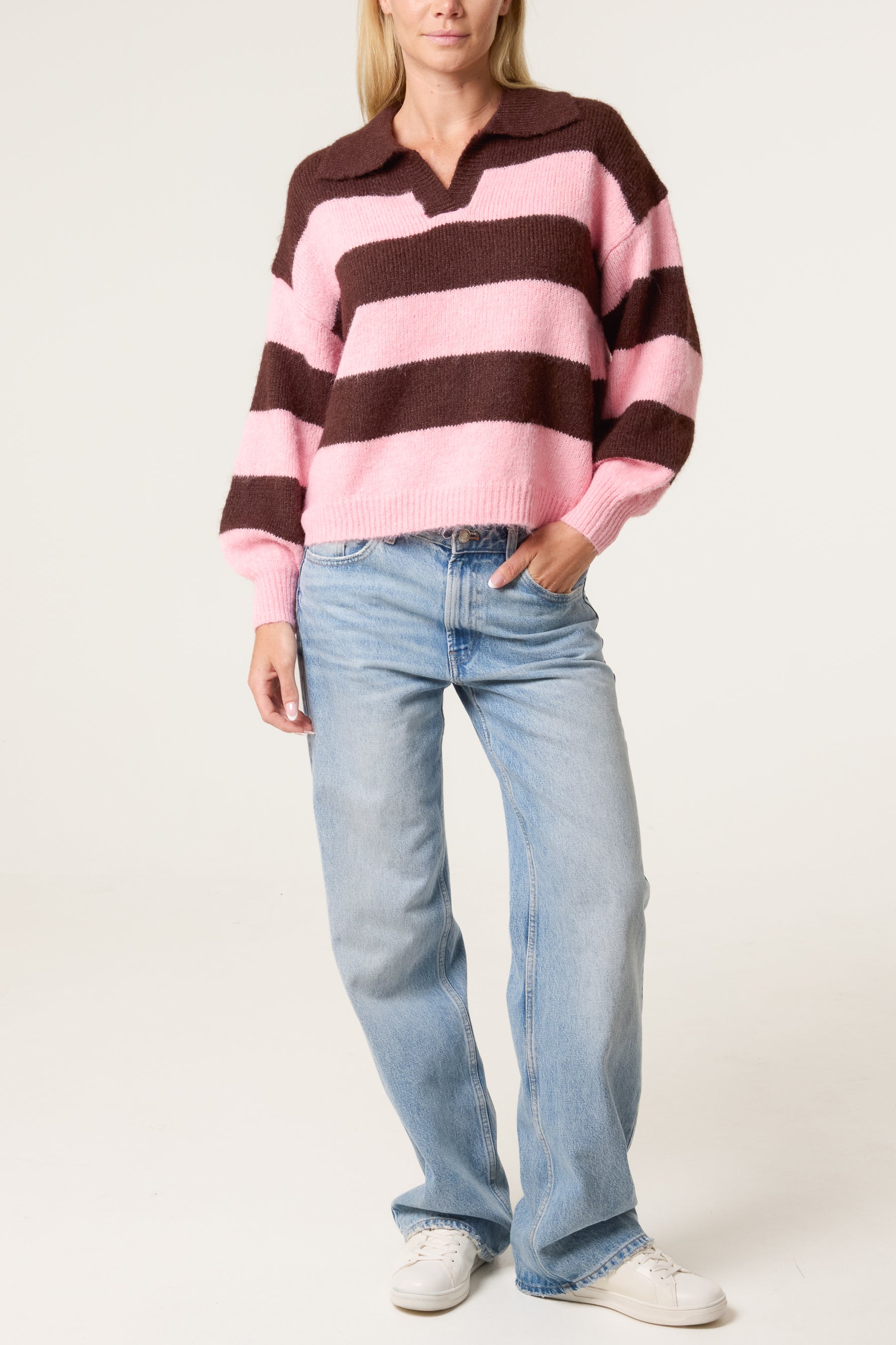 Polo Collar Striped Knit Jumper