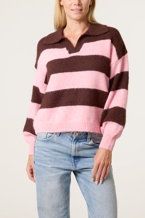 Polo Collar Striped Knit Jumper