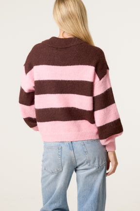 Polo Collar Striped Knit Jumper