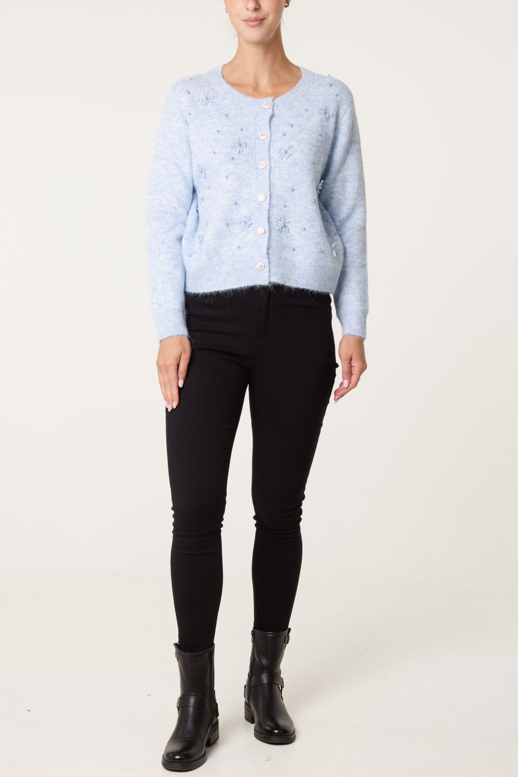 Pearly Flower Embellished Cardigan