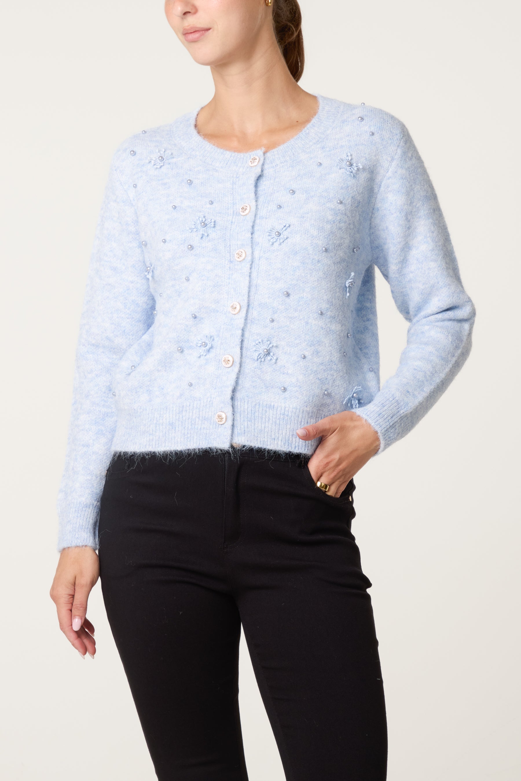 Pearly Flower Embellished Cardigan