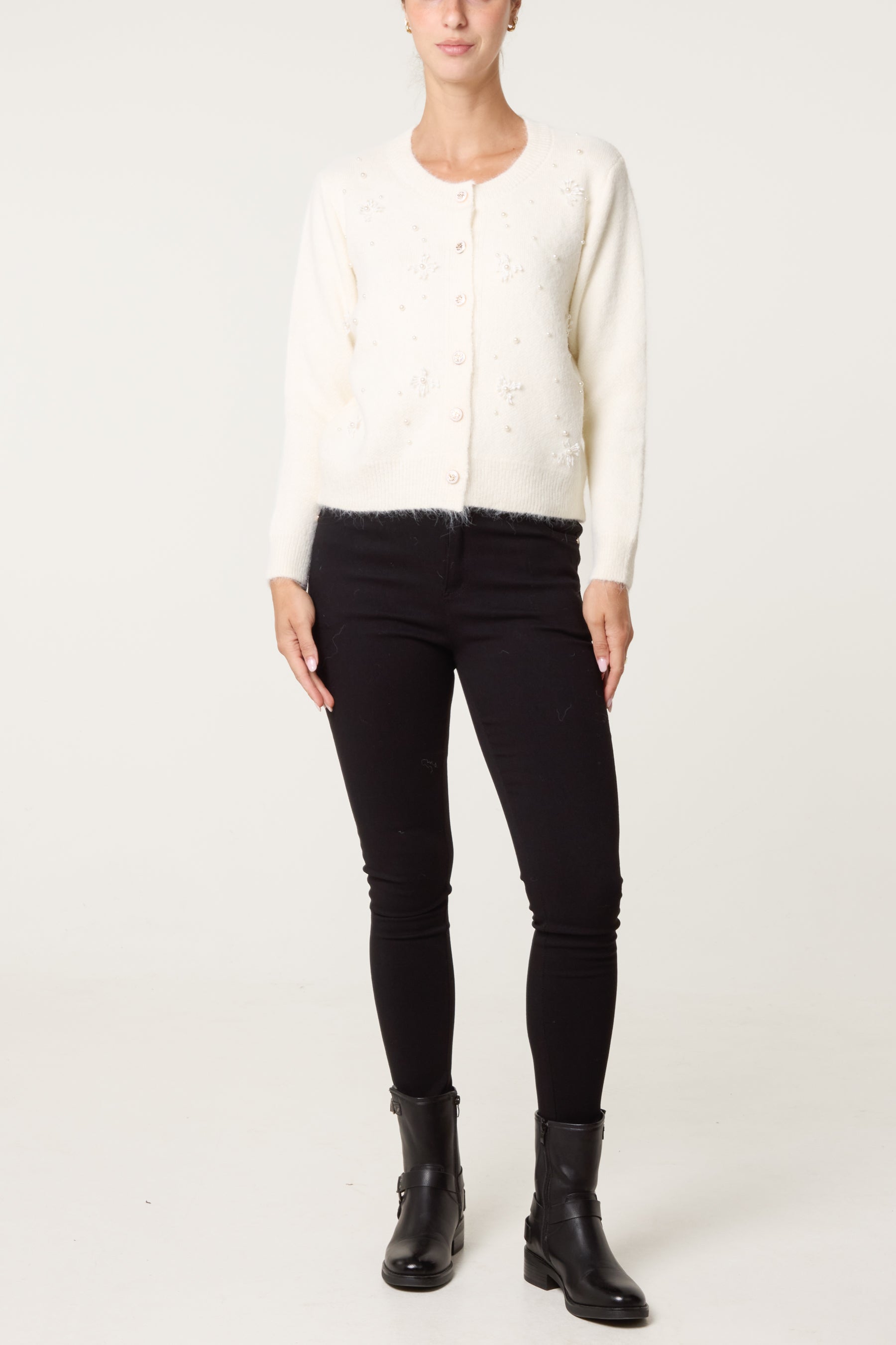 Pearly Flower Embellished Cardigan