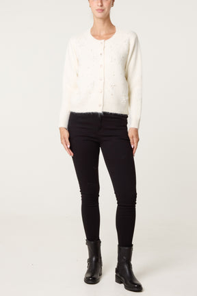 Pearly Flower Embellished Cardigan