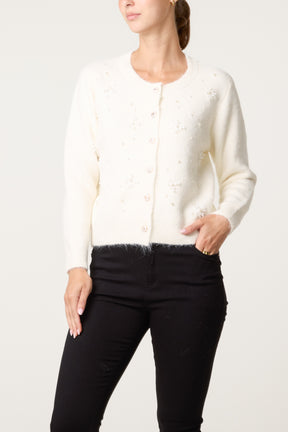 Pearly Flower Embellished Cardigan