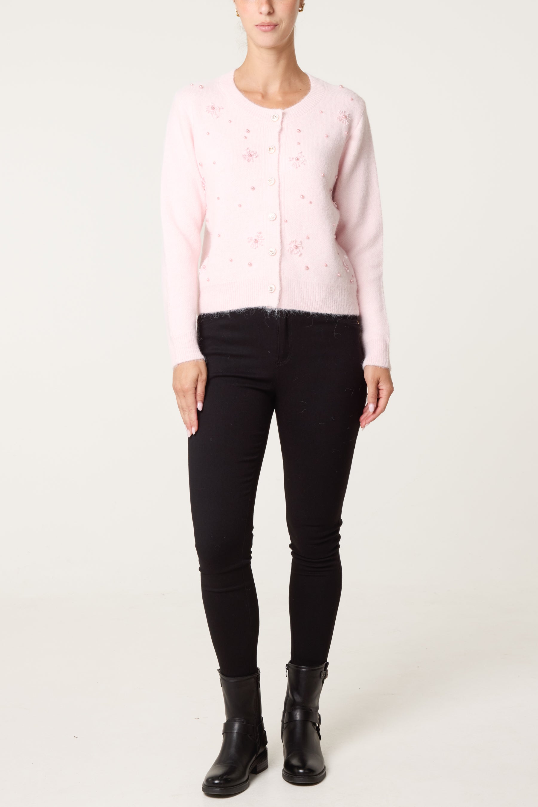 Pearly Flower Embellished Cardigan