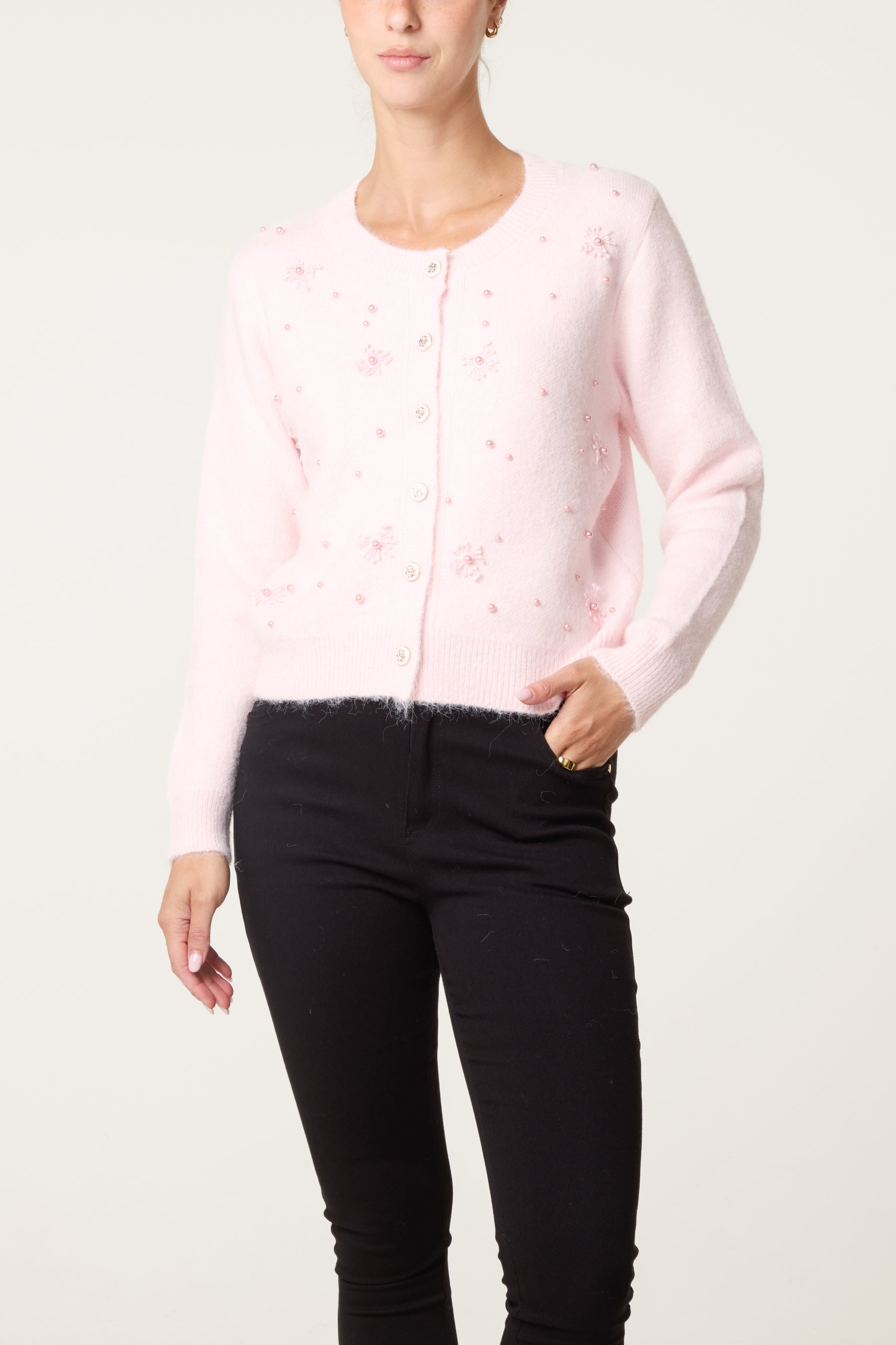 Pearly Flower Embellished Cardigan