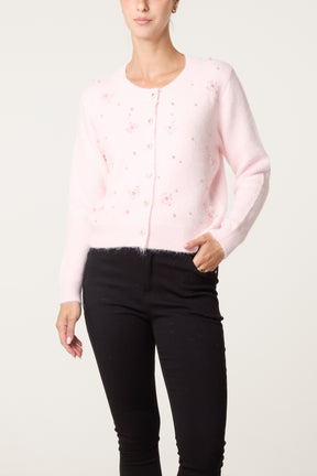 Pearly Flower Embellished Cardigan