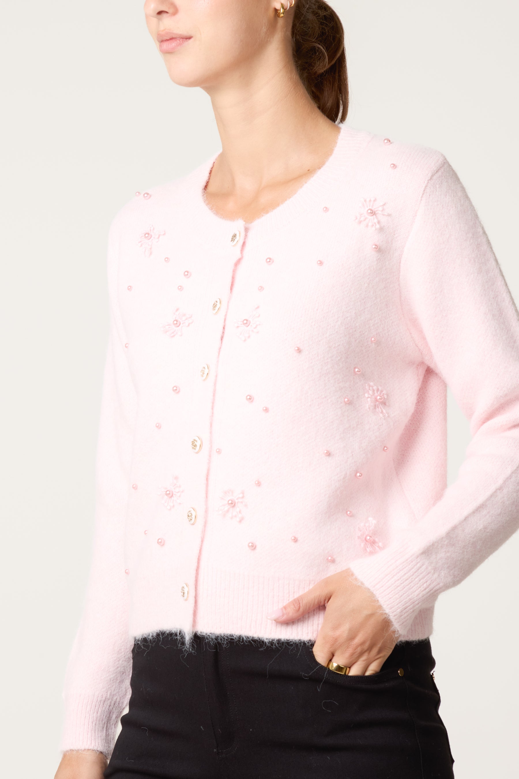 Pearly Flower Embellished Cardigan
