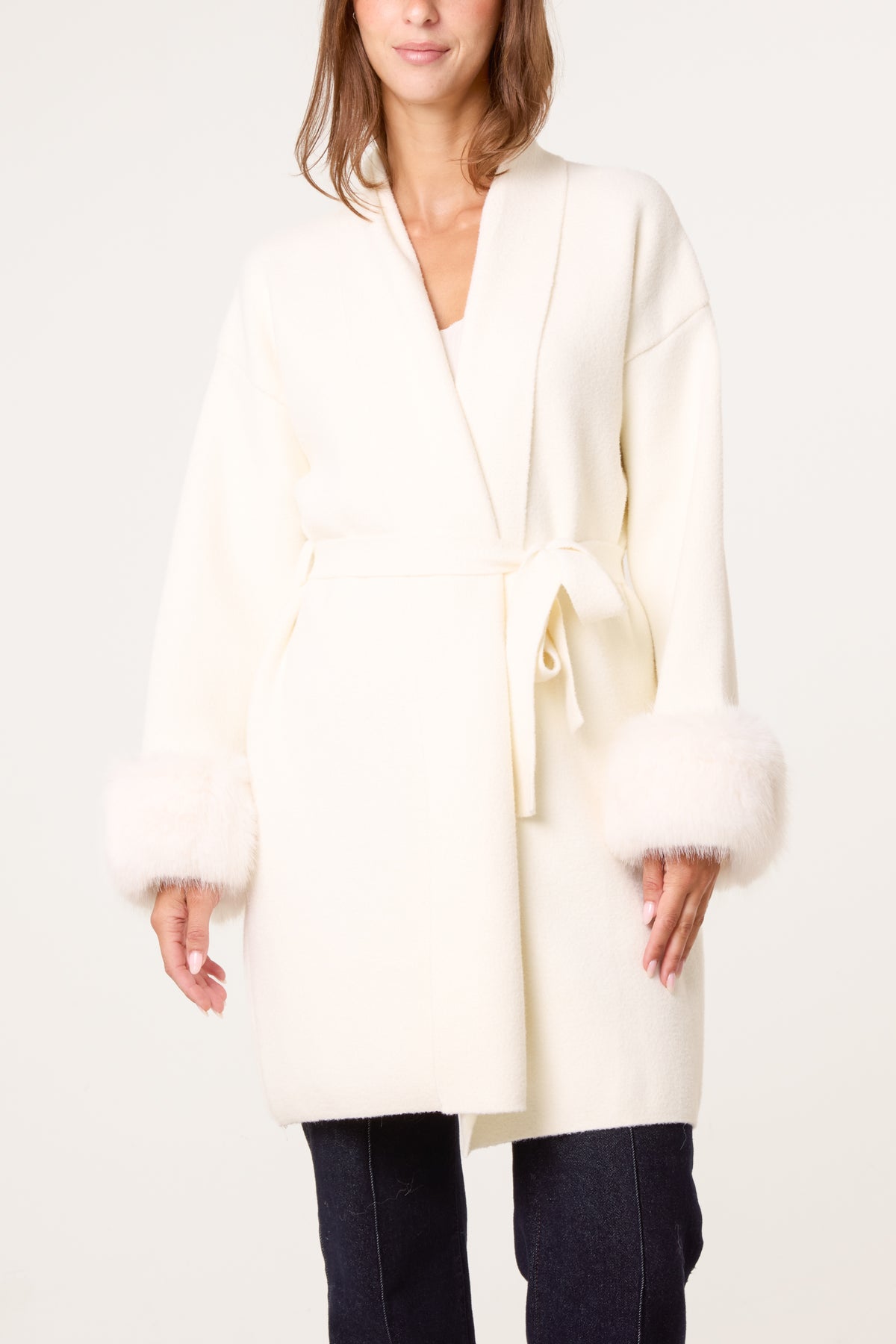 Wrap Coat With Faux Fur Cuffs