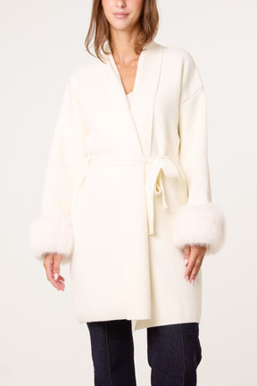 Wrap Coat With Faux Fur Cuffs
