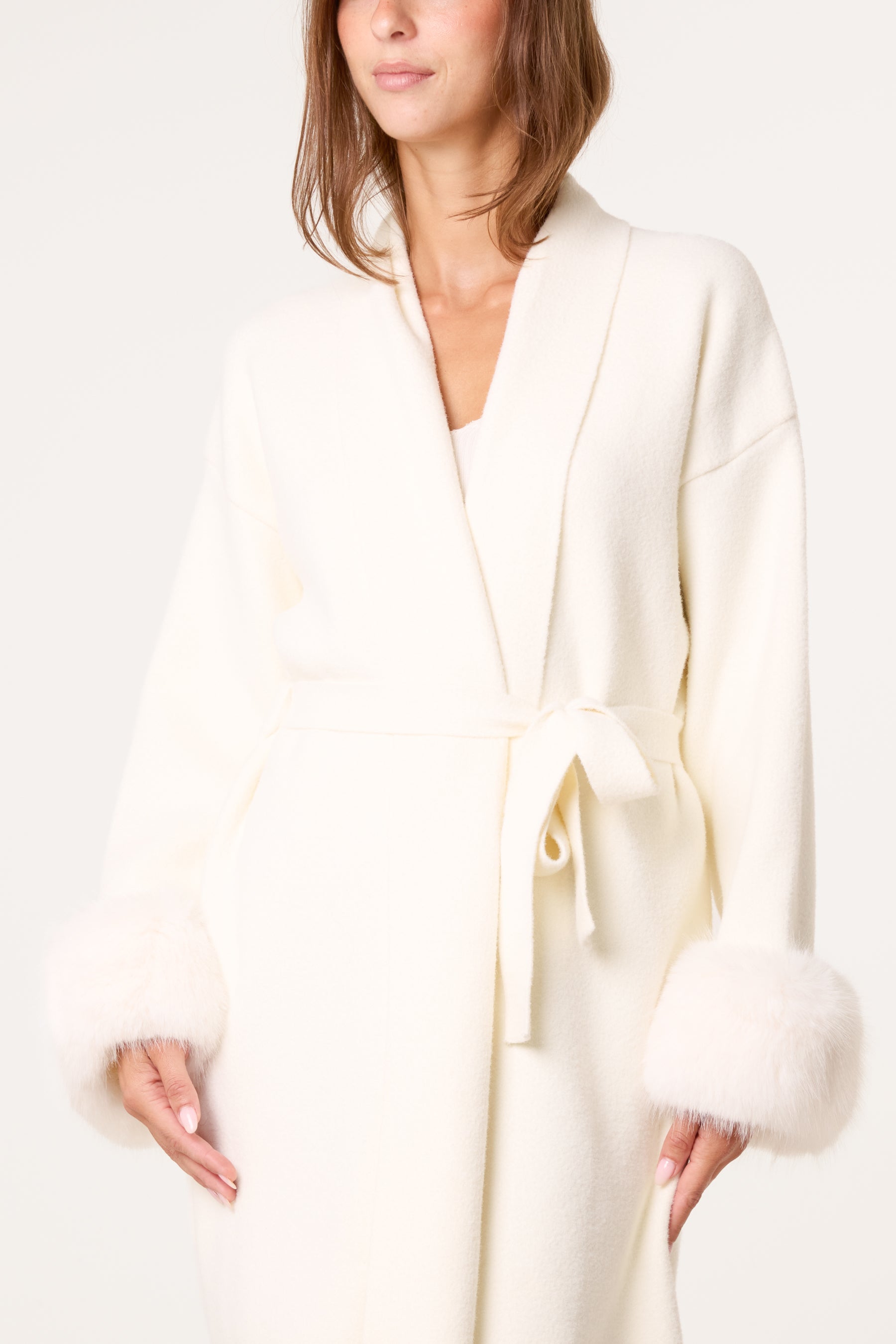 Wrap Coat With Faux Fur Cuffs