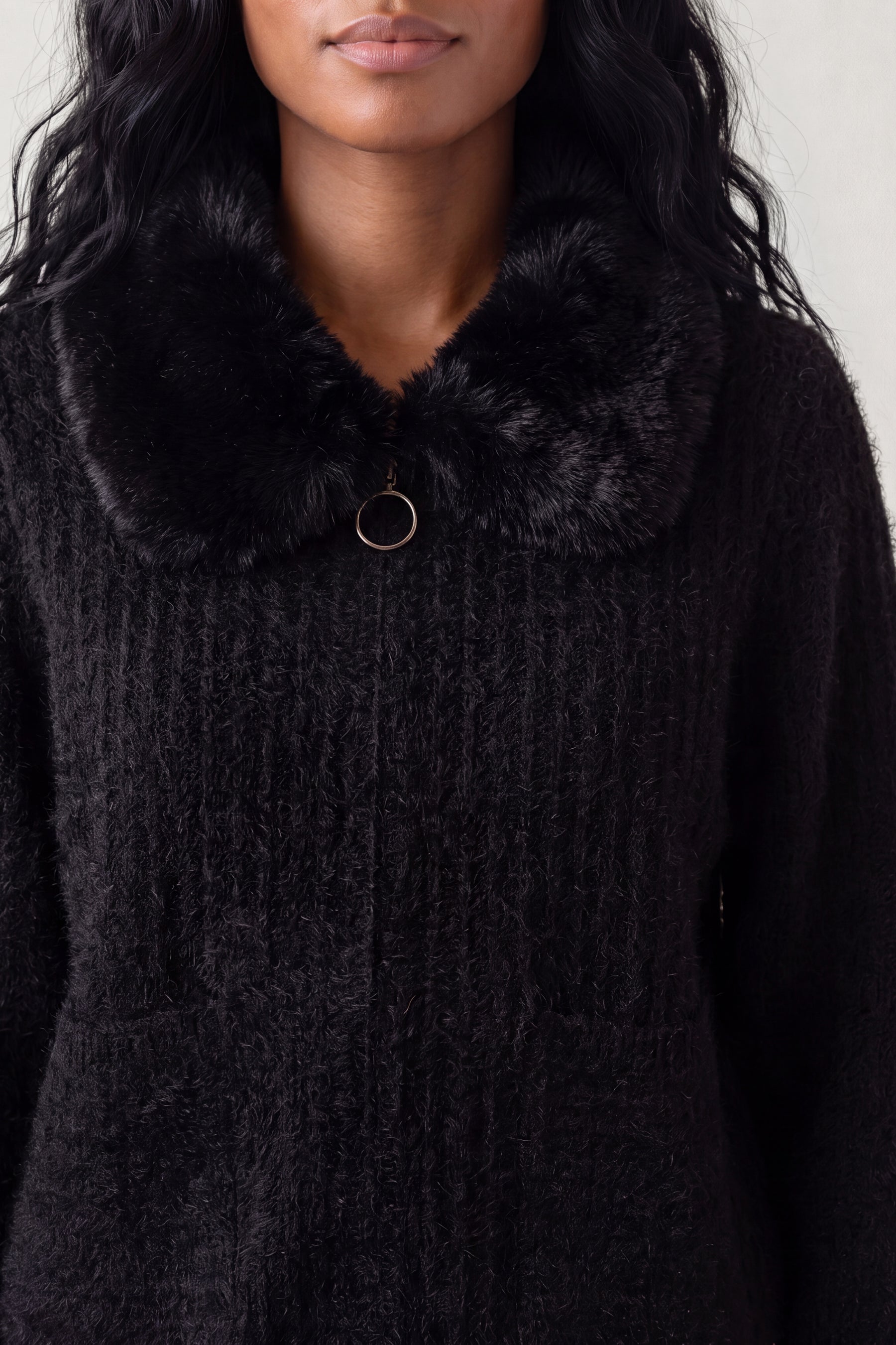 Ribbed Knit Cardigan With Faux Fur Collar