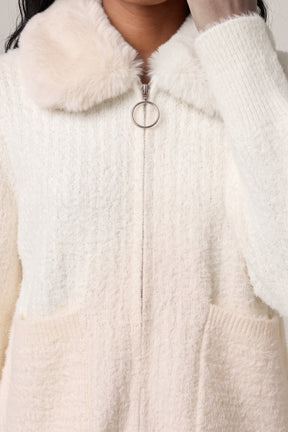 Ribbed Knit Cardigan With Faux Fur Collar