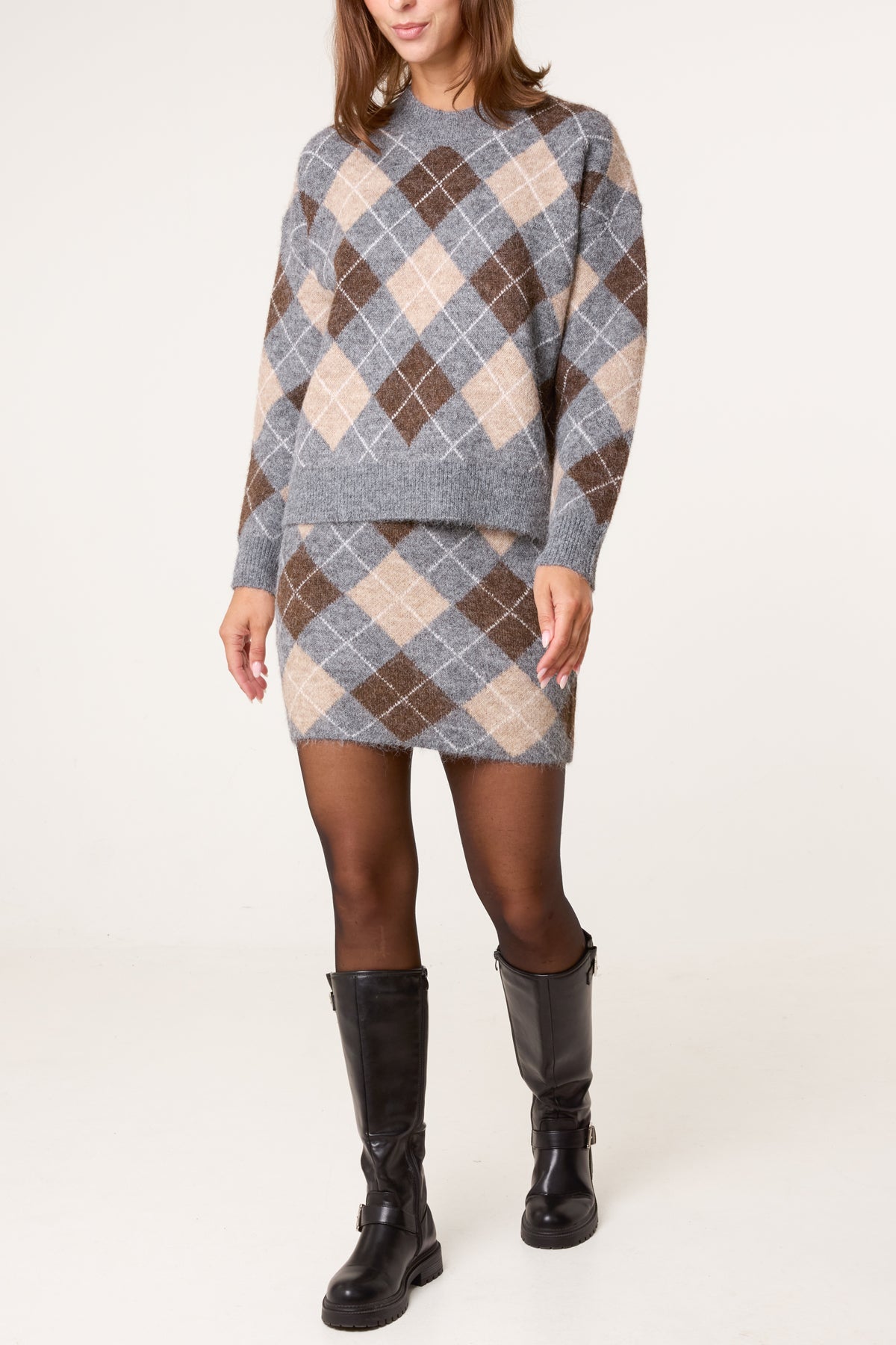 Knit Argyle Jumper & Skirt Set