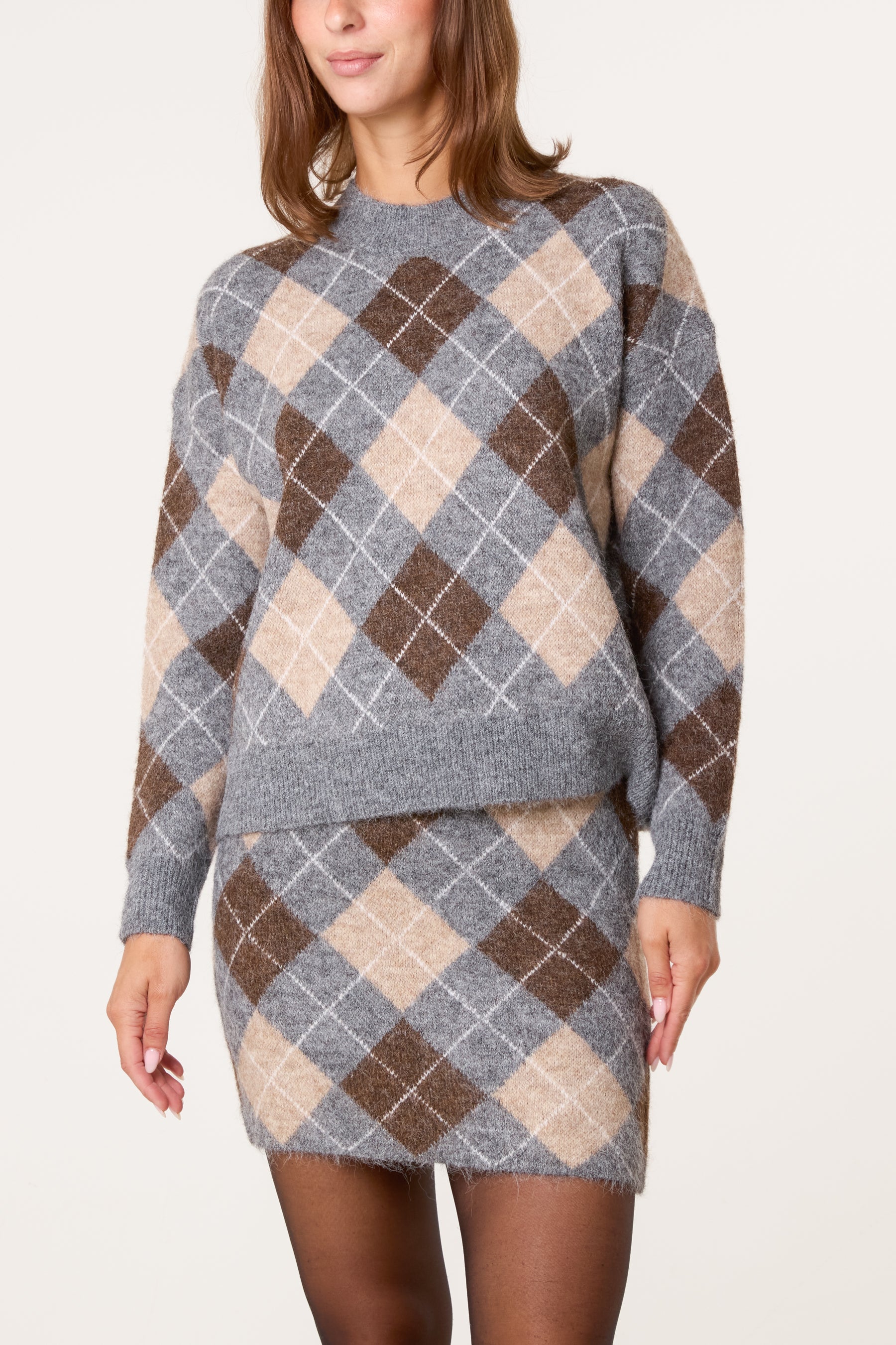 Knit Argyle Jumper & Skirt Set