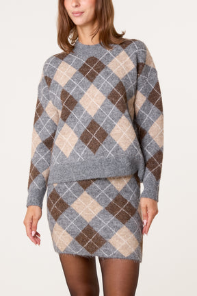 Knit Argyle Jumper & Skirt Set
