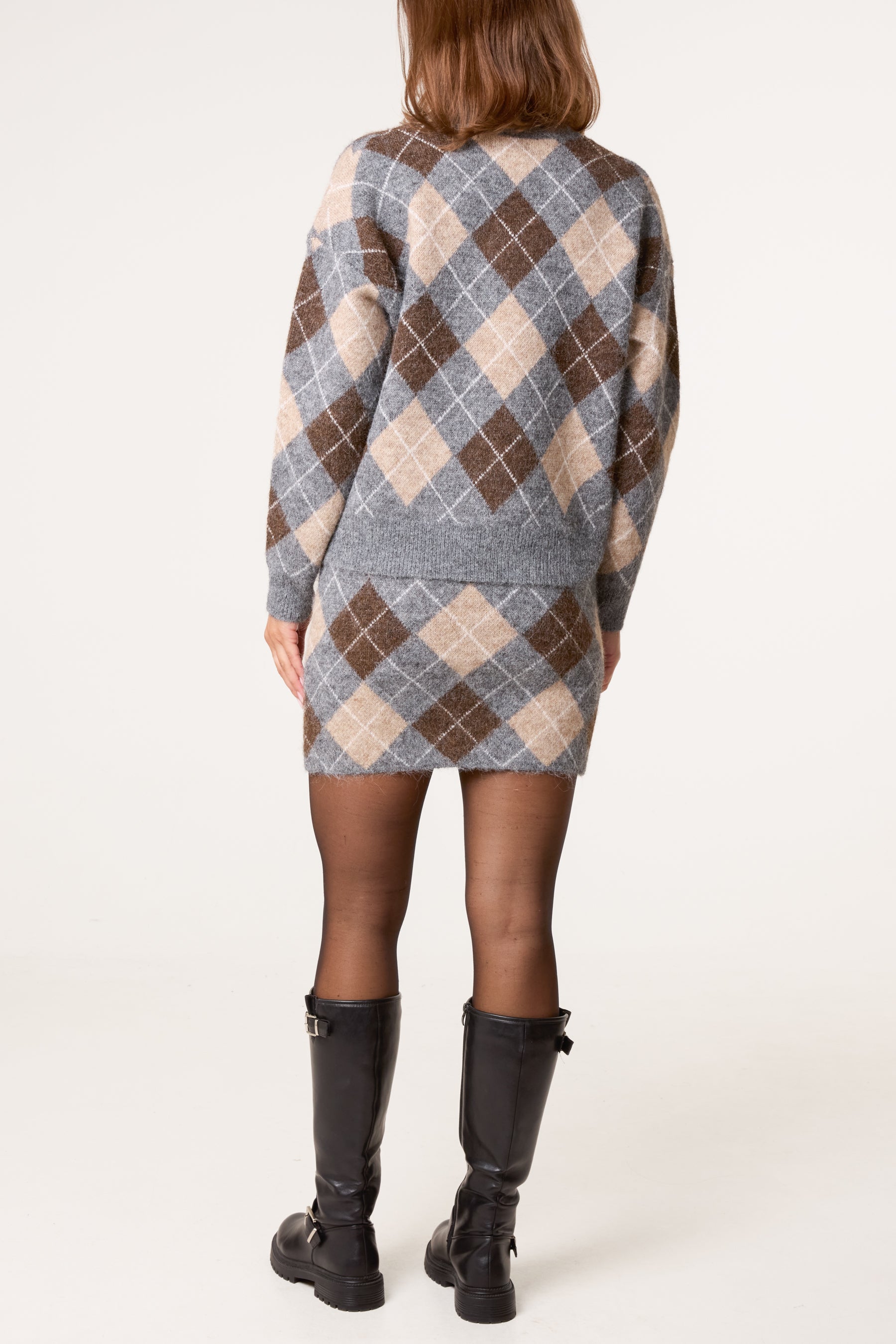Knit Argyle Jumper & Skirt Set