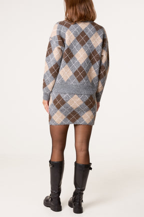 Knit Argyle Jumper & Skirt Set