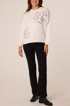 Metallic Stud Flower Detail Knit Jumper