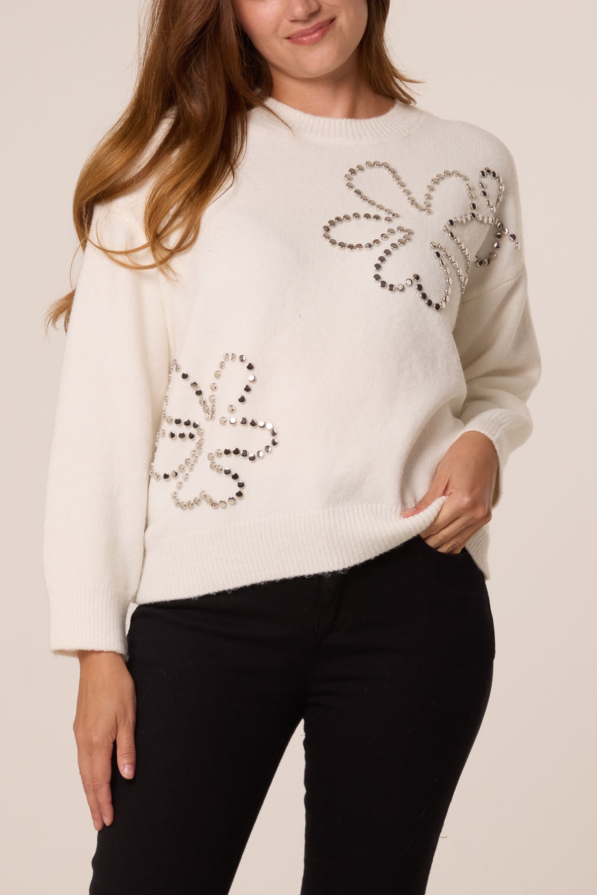 Metallic Stud Flower Detail Knit Jumper