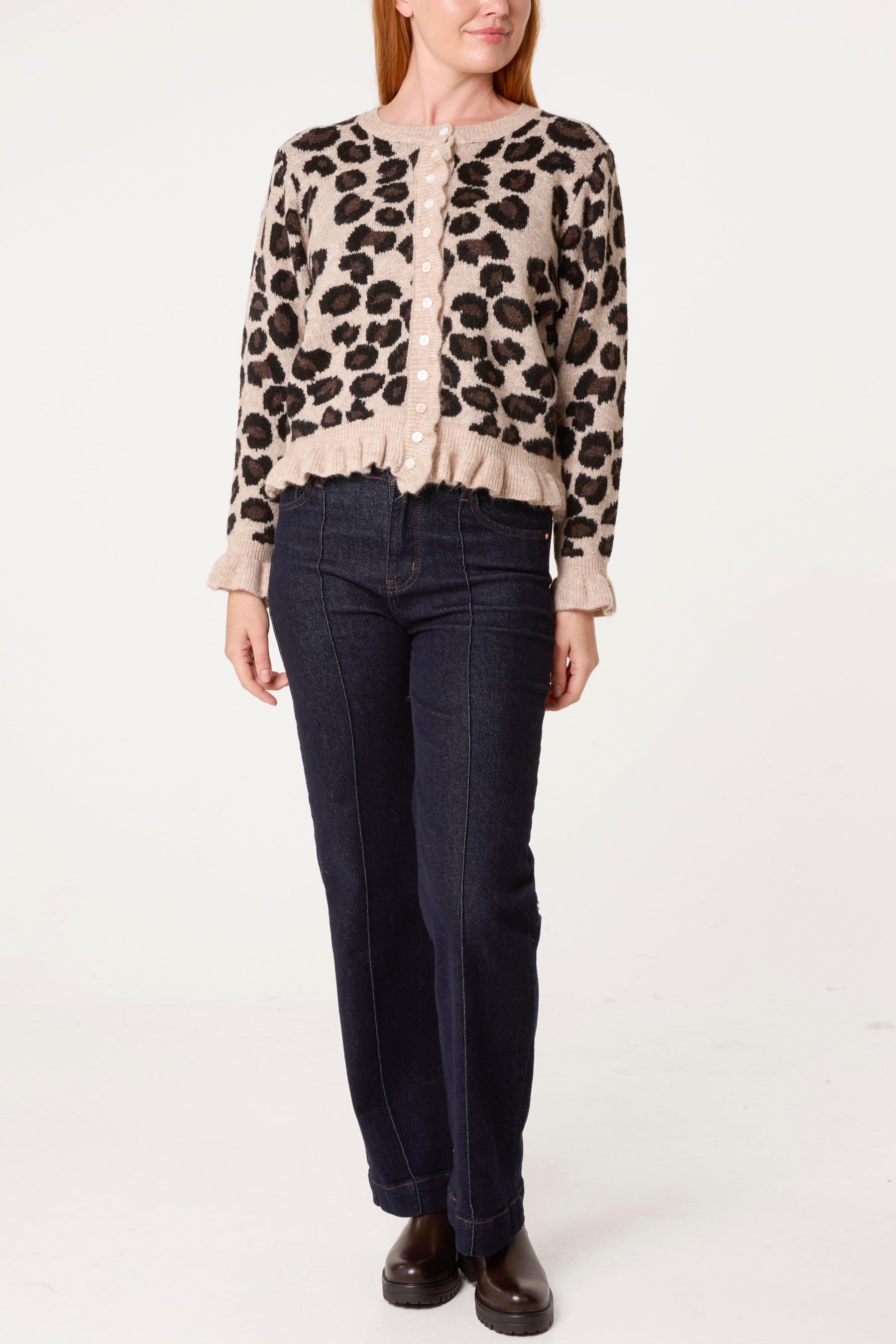 Ruffled Leopard Button Through Knit Cardigan