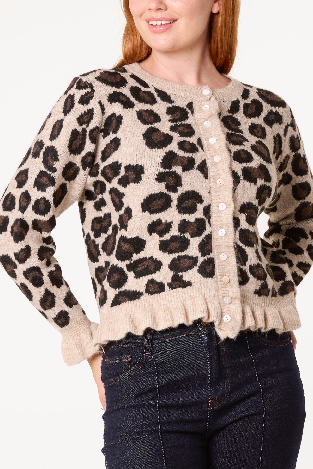 Ruffled Leopard Button Through Knit Cardigan