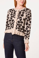 Ruffled Leopard Button Through Knit Cardigan