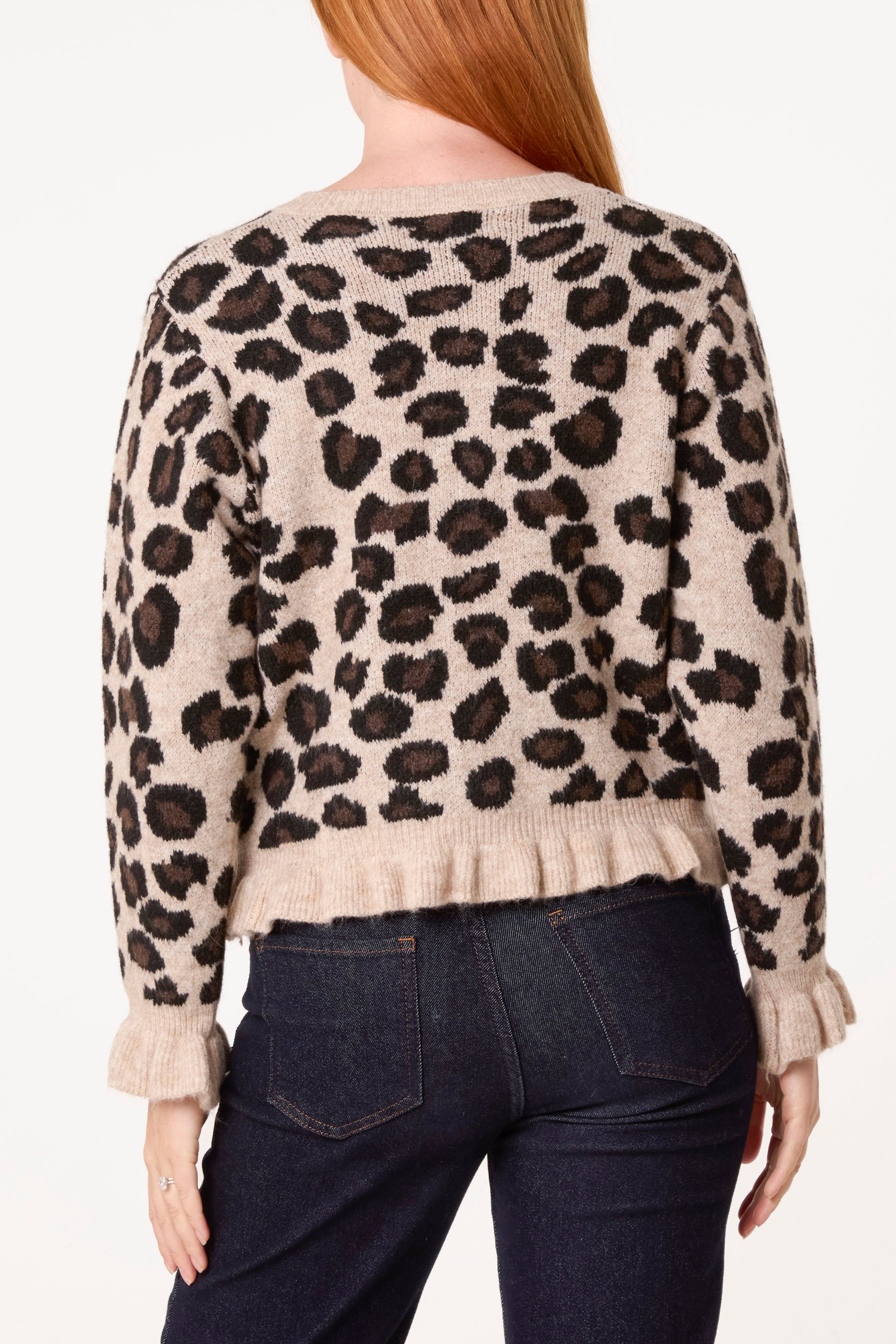 Ruffled Leopard Button Through Knit Cardigan