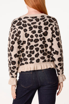Ruffled Leopard Button Through Knit Cardigan