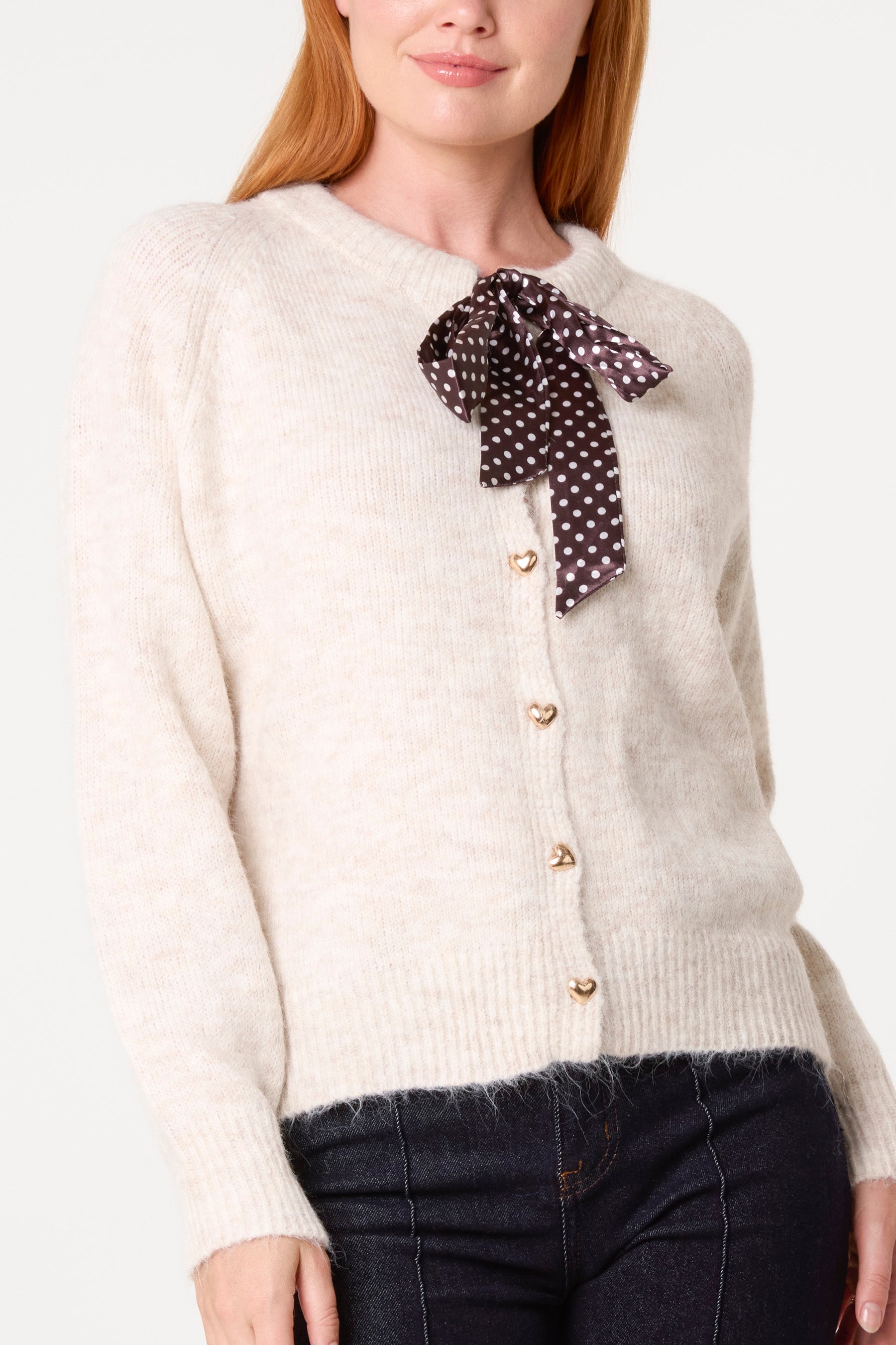 Heart Shaped Button Through Knit Cardigan & Polkadot Bow