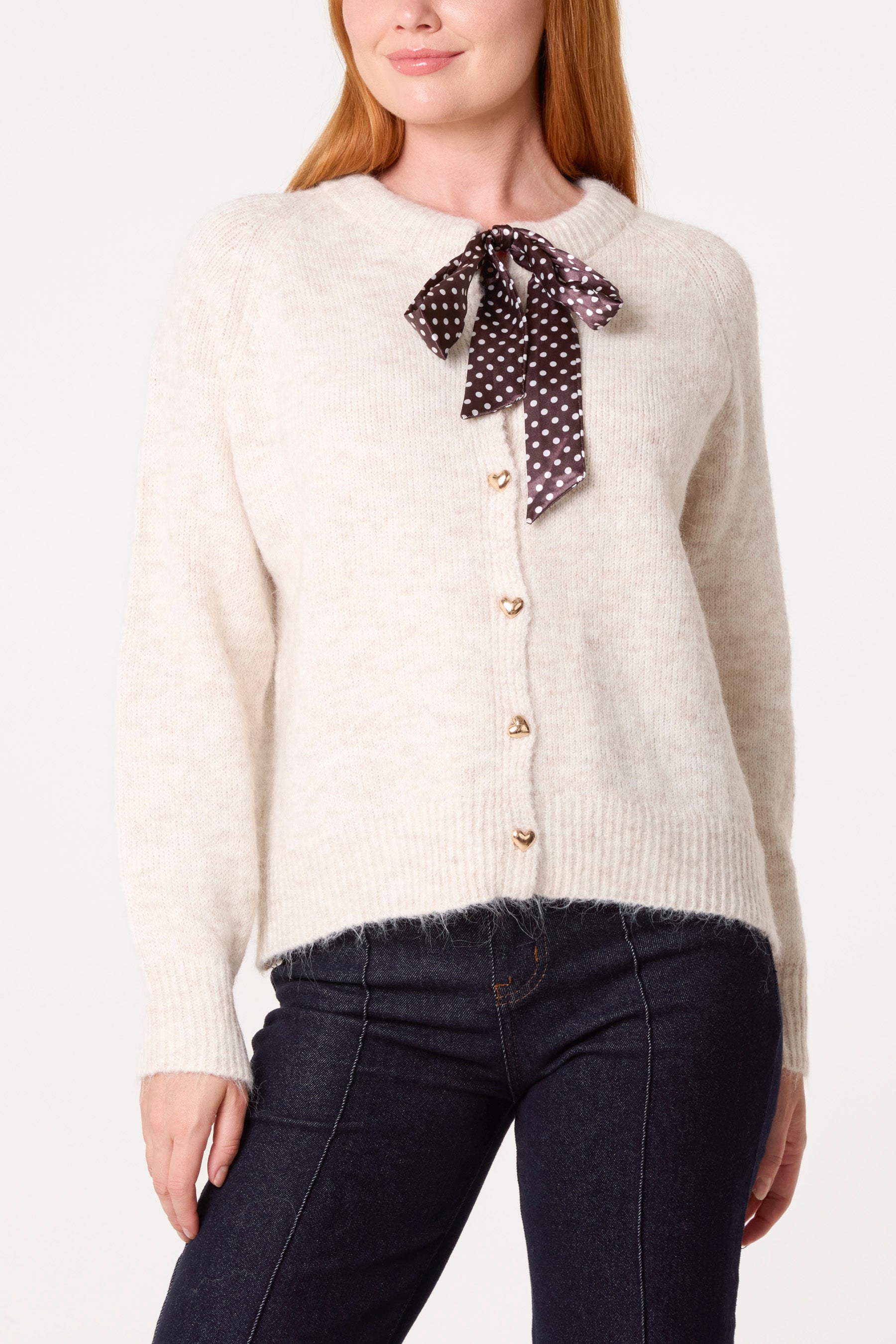 Heart Shaped Button Through Knit Cardigan & Polkadot Bow
